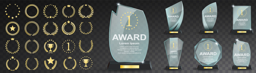 Glass award trophy set. Transparent prize template. Winner first place concept. Vector illustration. Winner glass trophy. First place award, crystal prize and signed acrylic trophies. Glass awarding