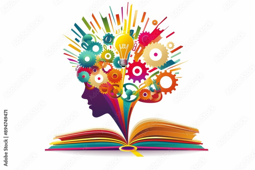 Poster immerse in the vivid illustration of a creative brain, portrayed on an open book with colorful gears