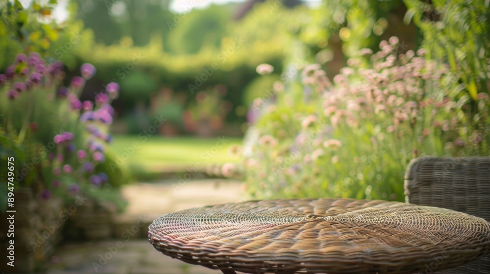 Aufkleber a wicker table sits in a garden with lush green foliage and colorful flowers in the background. the 