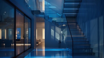 Fototapeta premium A modern interior featuring a glass staircase with wooden steps, steel handrail, and blue lighting creates a dreamlike atmosphere. Glass walls and doors add spaciousness and elegance to the setting.