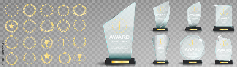 Sticker Glass award trophy set. Transparent prize template. Winner first place concept. Vector illustration. Winner glass trophy. First place award, crystal prize and signed acrylic trophies. Glass awarding