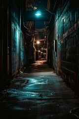 Creepy scary narrow alleyway at night in the city. Scary alley.