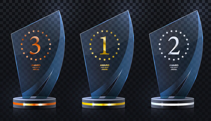 Glass award trophy set. Transparent prize template. Winner first place concept. Vector illustration. Winner glass trophy. First place award, crystal prize and signed acrylic trophies. Glass awarding