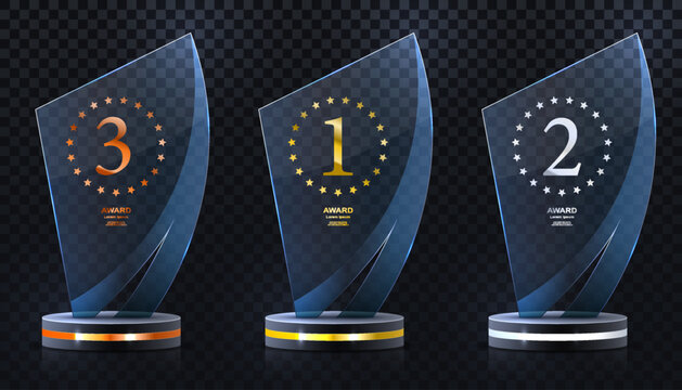 Glass award trophy set. Transparent prize template. Winner first place concept. Vector illustration. Winner glass trophy. First place award, crystal prize and signed acrylic trophies. Glass awarding