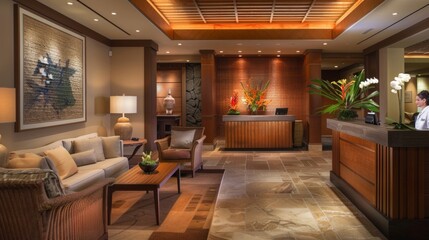 Hotel lobby with warm lighting, seating area, and attentive staff. Decor includes plants, flowers, and wall hangings. Clean, inviting atmosphere for guests.