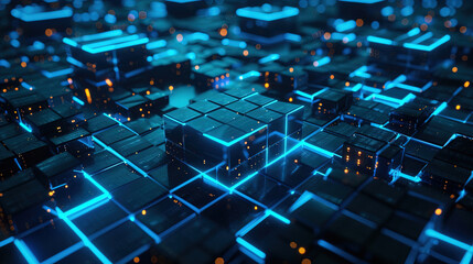 Technology background. Abstract and futuristic depiction of a digital technology network connection in a big. Abstract digital background with glowing network connections and blocks. AI