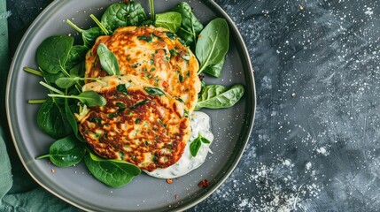 Veggie pancakes with yogurt and Spinach