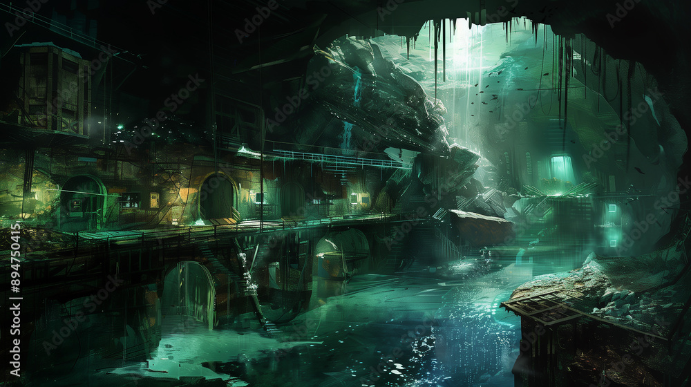 Poster a dark and gloomy scene with a river running through it. scene is eerie and unsettling