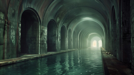 Naklejka premium A dark and gloomy scene with a river running through it. Scene is eerie and unsettling