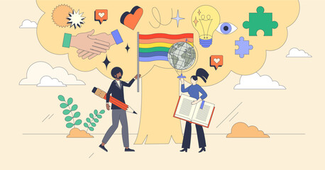 Employee resource groups or ERG in workplace tiny neubrutalism person concept. LGBT, ethnic or other social groups for belonging and staff inclusivity feeling in workplace vector illustration.