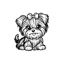 Adorable fluffy Yorkshire puppy with a bow. Cute kawaii dog smiling happily, exuding joy and sweetness. Perfect for coloring books, nursery decorations, pet lover merchandise. Vector illustration.