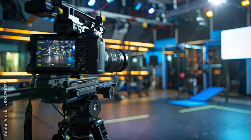 Poster a pro camera on a tripod in a modern gym studio is set to capture an action-packed workout session. 