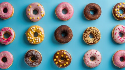 Vibrant donuts on blue background seen from above