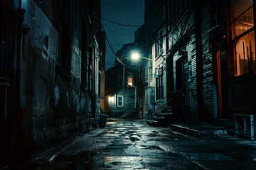 Obraz premium Creepy scary narrow alleyway at night in the city. Scary alley.