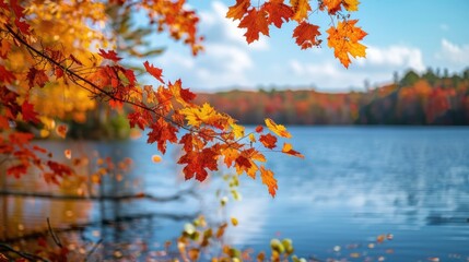 Vibrant fall foliage by the lake up close