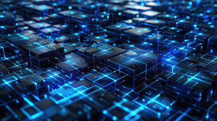 Obraz premium Technology background. Abstract and futuristic depiction of a digital technology network connection in a big. Abstract digital background with glowing network connections and blocks. AI