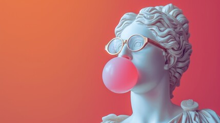 Classical white plaster statue wearing modern round sunglasses blowing a large pink bubble gum bubble on a pink and orange background.