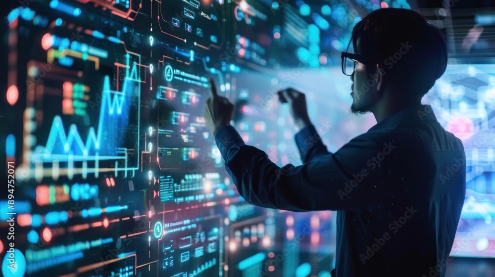 Poster man interacting with futuristic digital interface