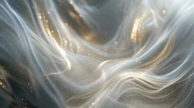 Golden and silver threads flow and intertwine in an abstract pattern, sparkling with ethereal light. The scene evokes a sense of motion and elegance. Suitable for backgrounds.