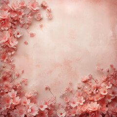 A pink background with flowers in the foreground