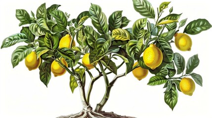 Detailed Botanical Illustration of Lemon Tree with Vibrant Yellow Fruits and Green Leaves, Perfect for Educational Use. Generative AI