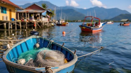 Obraz premium Vibrant fishing village with colorful houses and boats docked by the pier. Surrounded by calm water under a clear blue sky, with a mountain range in the background.