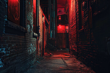 Creepy scary narrow alleyway at night in the city. Scary alley.