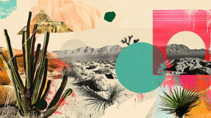 cactus plants and sunset in mexico desert, art collage style poster, retro, vintage, old fashioned, bright colors