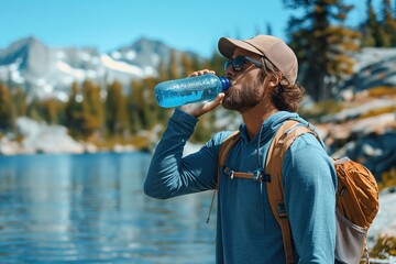 Man Wearing Sunglasses Drinks Water After Hiking in Mountainous Landscape