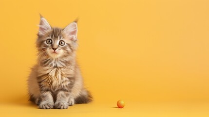 Obraz premium Sweet Norwegian Forest Kitten on Pastel Yellow Background