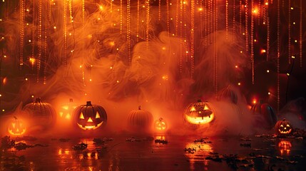 Halloween product stage with pumpkins, fog, and orange lighting, creating a spooky backdrop.