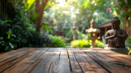 A wooden table sits in the foreground, with a lush green garden and a statue in the background.