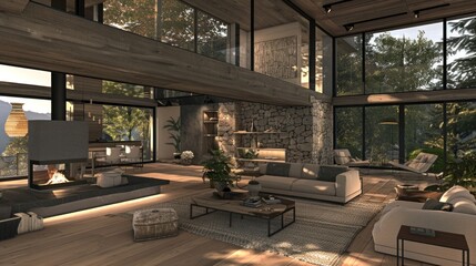 Mountain Retreat Modern Home: Generate a prompt for a photo realistic image of a mountain retreat modern home with natural materials and expansive views. Use high-quality images.