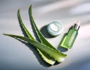 Aloe Vera Skincare Essentials: Soothing aloe vera leaves paired with a refreshing serum and cream, bathed in natural light, embody natural skincare and wellness.