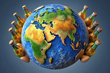 Earth globe and in front vertical sticking out of many different nationalities hands and holding bottles of beer. 3D render. International beer day.