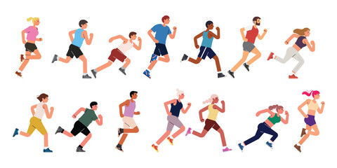 Jogging people group. Men, women crowd running. Many runners in line. Diverse joggers characters in motion, action. Sport exercise, marathon. Flat vector illustration isolated on white background.