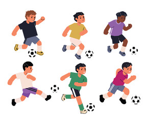Soccer players set. Sports men playing football game, running with ball. Athlete characters in motion, kicking, hitting with foot. Flat vector illustration isolated on white background.