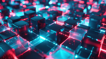 Obraz premium Technology background. Abstract and futuristic depiction of a digital technology network connection in a big. Abstract digital background with glowing network connections and blocks. AI