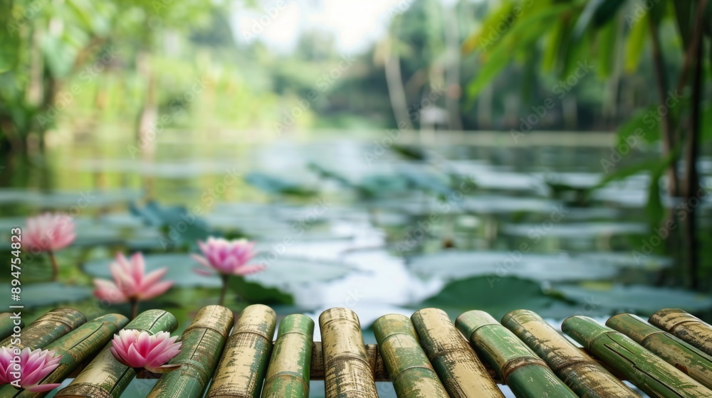 Poster a close-up of a small bamboo bridge over a pond with lily pads and blooming lotus flowers in the bac