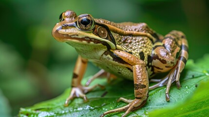Fototapeta premium Frog on a green leaf in close-up, showcasing the details and colors of both the frog and its habitat