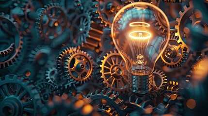 Glowing light bulb surrounded by cogwheels, creating an innovative and futuristic background.