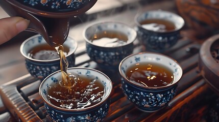 Fototapeta premium Black tea in a teapot is poured into cups