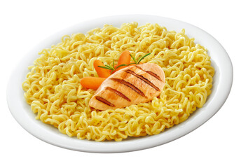 prato com macarrão instantâneo acompanhado de filé de frango e cenoura isolado em fundo transparente
