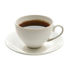 Naklejka premium Elegant white porcelain cup filled with black coffee on matching saucer, perfect for morning coffee, relaxation, or cafe ambiance.