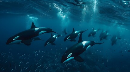 Majestic Pod of Orcas Gliding Through the Vibrant Underwater Seascape