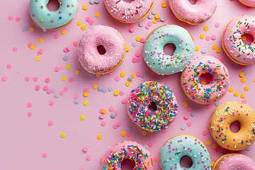 Colorful Donuts with Pastel Glaze and Sprinkles on Pink Background, Viewed from Above. Donut Wallpaper, Pattern for Poster, Banner, Flyer or Greeting Card. Food Concept.