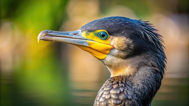 A detailed close-up photo of a commorant bird in its natural habitat , wildlife, aquatic, feathers, predator