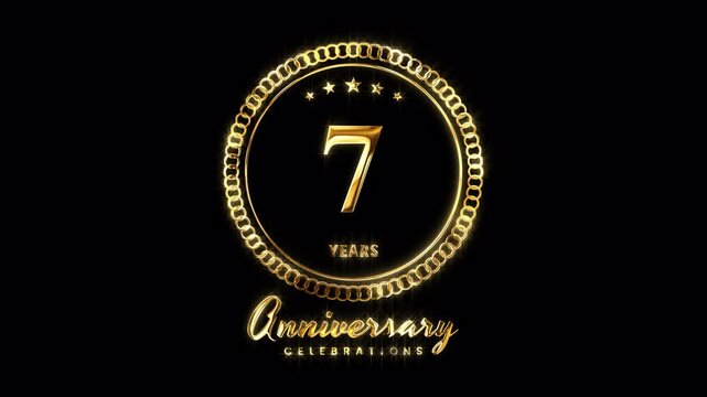 7th Anniversary Celebration. Happy 7 Years Anniversary Animation in Gold Color on the Transparent Background, Alpha Channel. Great for greetings, celebrations, events, and gifts.
