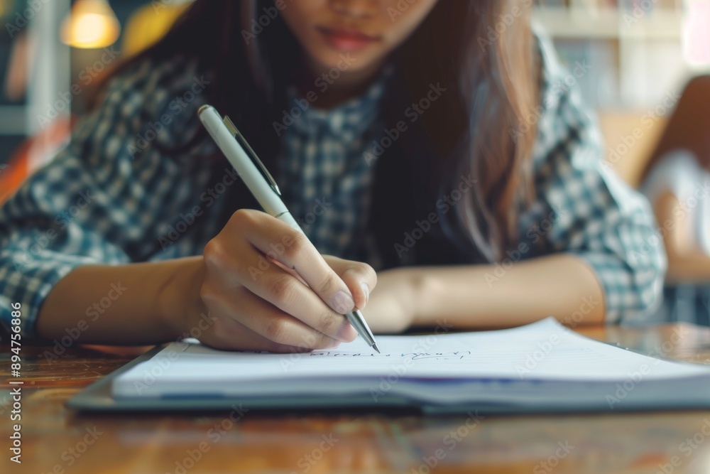 Aufkleber In a tranquil library setting, a devoted student is engrossed in academic tasks at a sturdy wooden desk, writing intently in a notebook, showcasing a strong commitment to acquiring knowledge