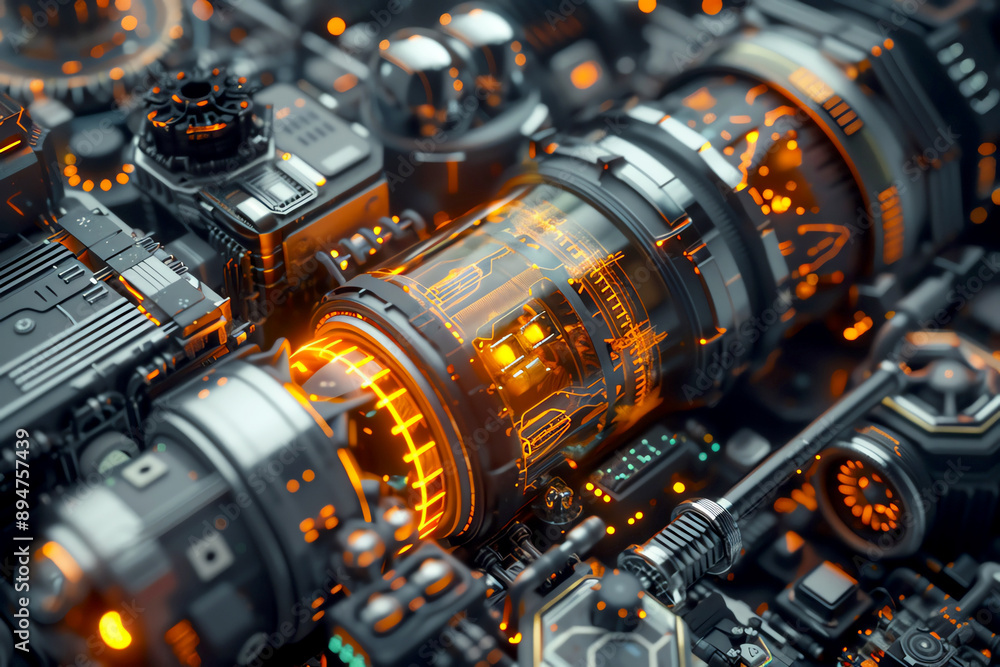 Poster the image is depicting a close-up of a complex machinery with glowing orange elements.